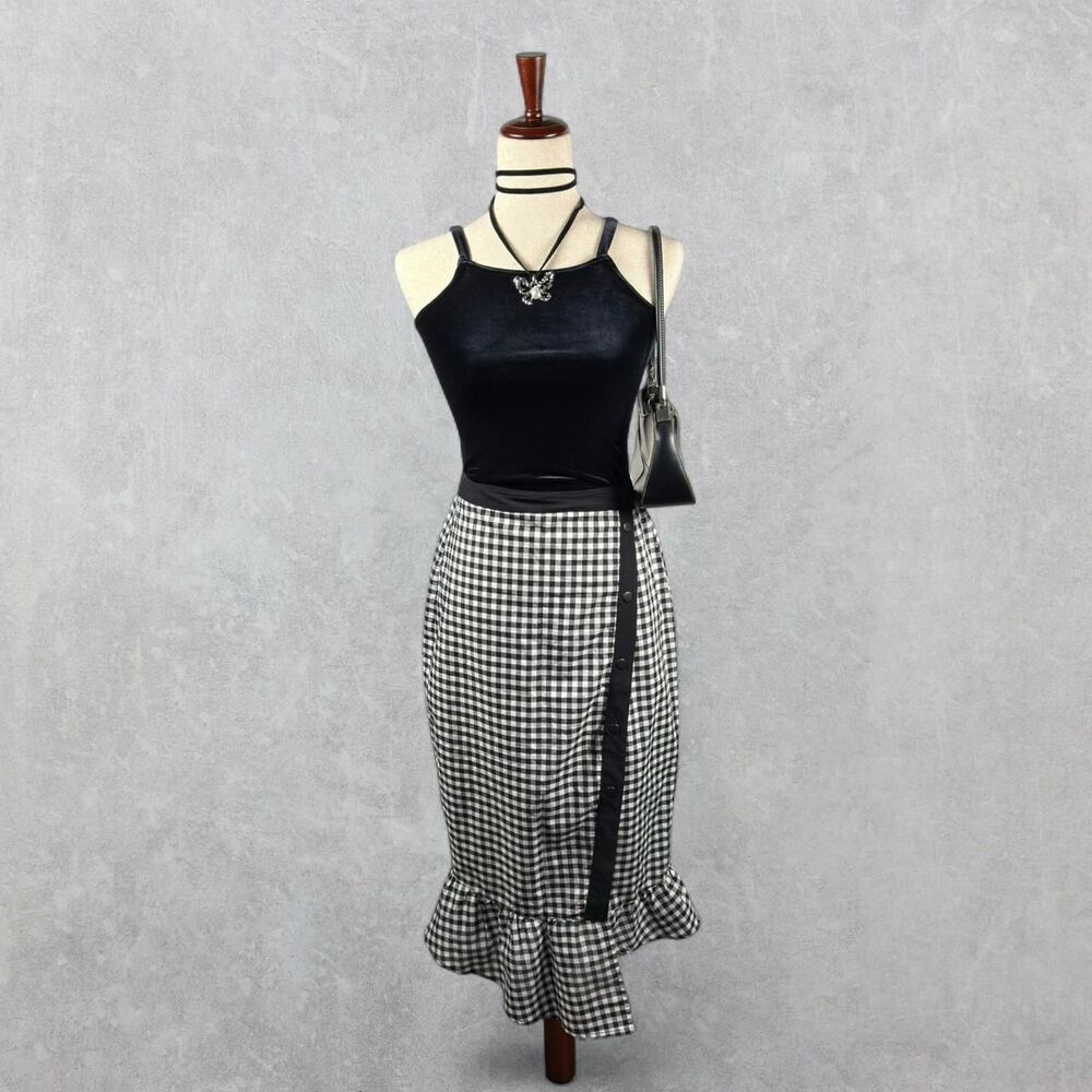Y2K BCBGeneration Black White Gingham Ruffle Hem Side Slit Midi Skirt